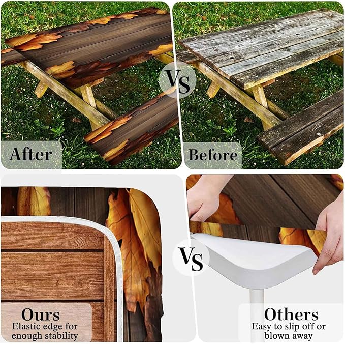 CAPSCEOLL Elastic Picnic Table Cover with Bench Covers 5Ft Waterproof Fitted Picnic Table Cover Cloths for Outdoors Camping Tablecloth with Drawstring Bag, 60X30in, Brown Wood