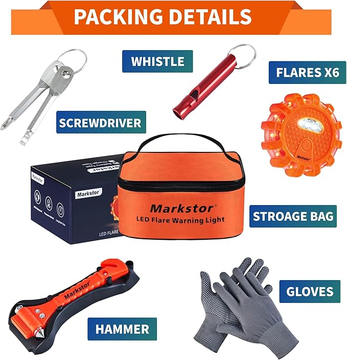 6-Pack LED Road Flare Car Emergency Kit,Magnetic Base & Hook Road Flares Safety Light With 9 Flashing Modes,Roadside Flares Emergency Lights For Vehicles (6 Pack Parts)