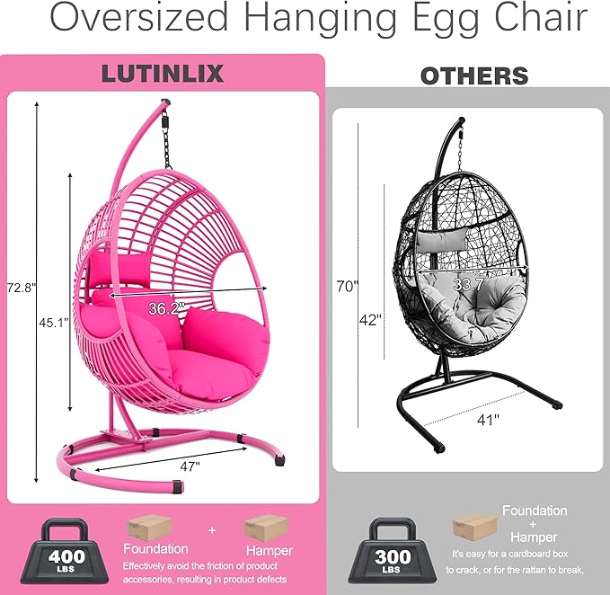 Oversized Hanging Egg Chair Outdoor Indoor, Wicker Swing Egg Chair with Stand 400lbs Capacity for Bedroom, Patio, Garden and Balcony (Pink-Regular, Oversize)