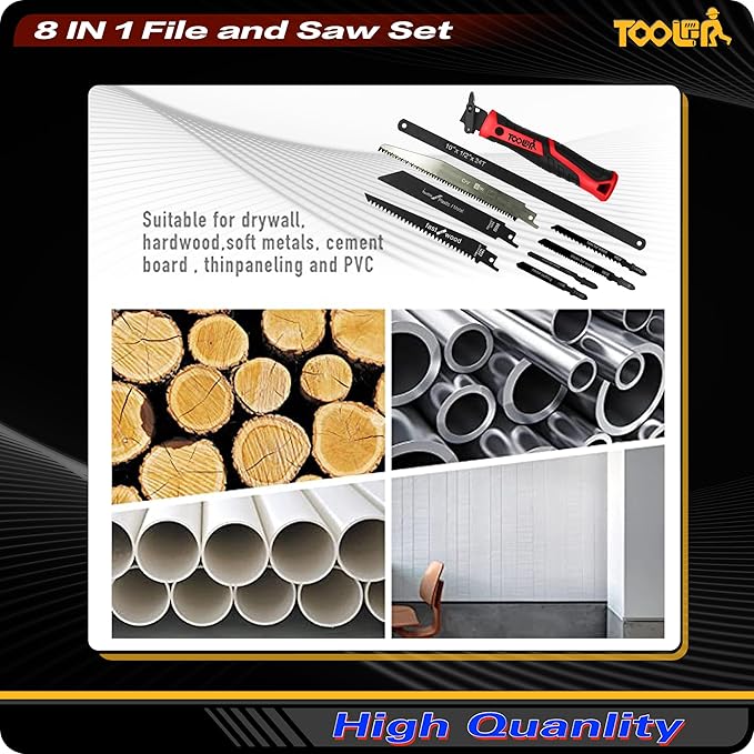 8-In-1 Multi Blades Hand Saw, Drywall Cutter. Hacksaw. Long Blade, Jab Saw, For Cutting Drywall, Sheetrock, Wood, Metel, Plastic, Plywood. Blade Quick Change Mechanism. Red Handle.