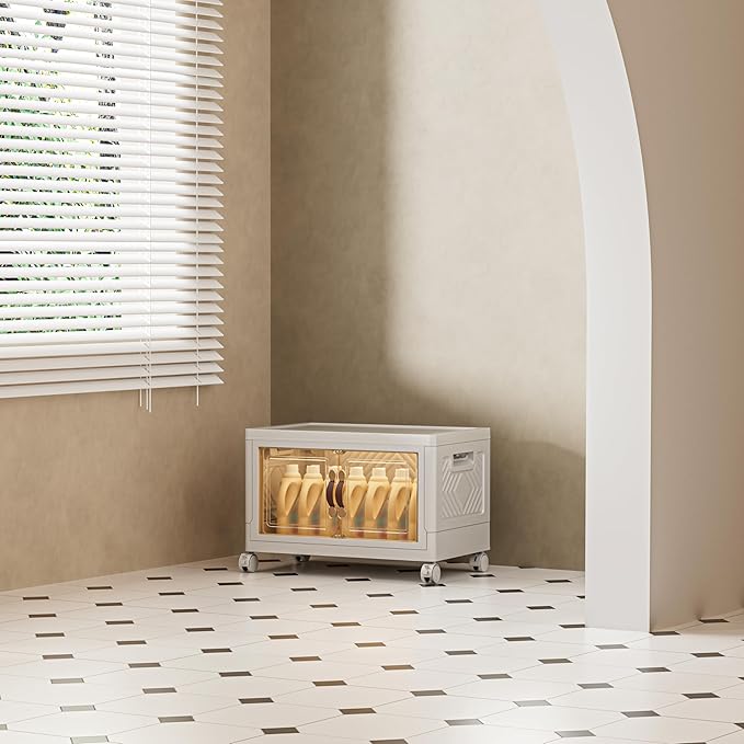 36 QT / 9 Gal Stackable Storage Bins (1 Lid) w/Wheels & Magnetic Doors, Collapsible Plastic Organizer Cabinet for Closet Office Garage - White Storage Containers