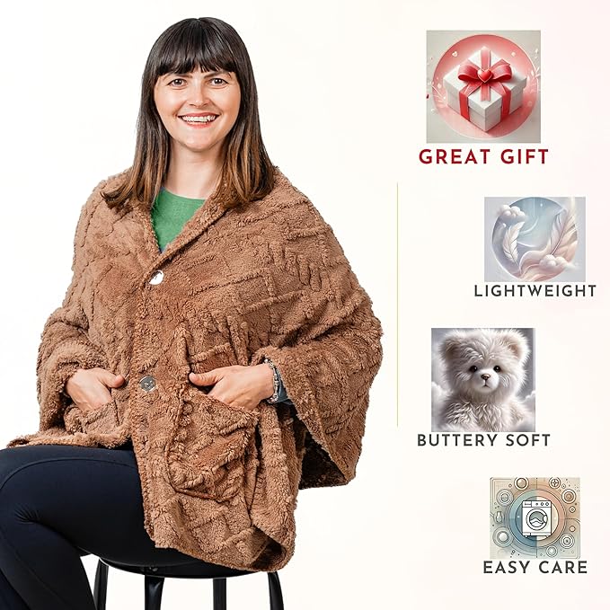 Boho Chic Wearable Blanket -No Sleeves- Lightweight Wrap Shawl - Lap Blanket - Gifts for Grandma - Women's Day Gifts (Jacquard, Velvet Brown)