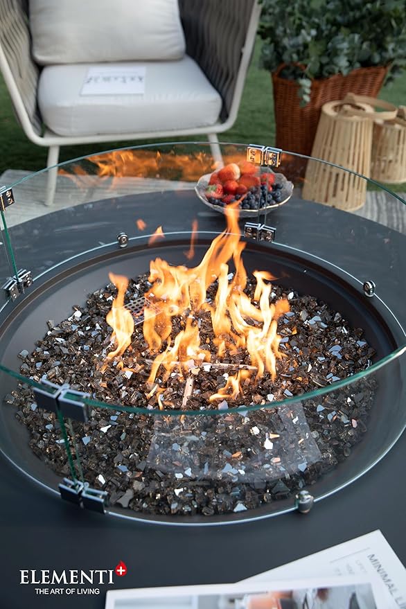 Elementi+ | Bundle Nimes Gas Fire Pit Cast Concrete 40" Dia. Round Fire Table, Outdoor Fire Pit Electronic Ignition | Canvas Cover, Fire Glass and Burner Lid Included | Dark Gray | Natural Gas