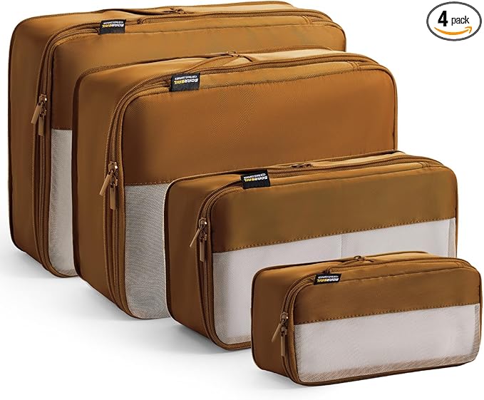 4 Set Compression Packing Cubes for Travel, Suitcases and Backpack Space Saving Organizers (Dark Brown)