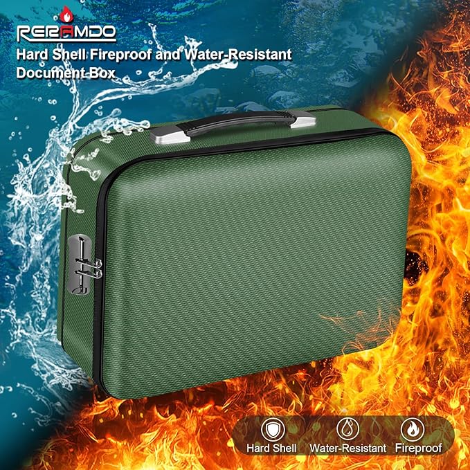 Fireproof Document Box, Hard Shell Fireproof Box, Document Organizer with Lock, Fireproof Water Resistant box, Portable Documents Safe Box for Important Document Certificates, Laptop, Passports, Green