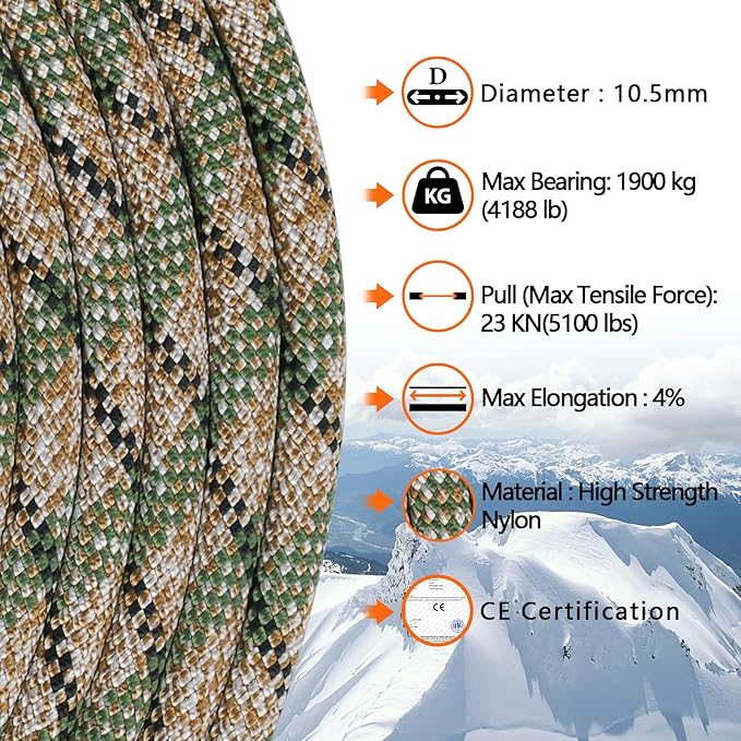 AOLEBA 10.5 mm Static Climbing Rope 10M(32ft) 20M(64ft) 30M(96ft) 50M(160ft) 70M(230ft) Outdoor Rock Climbing Rope, Escape Rope Ice Climbing Equipment Fire Rescue Parachute Rope