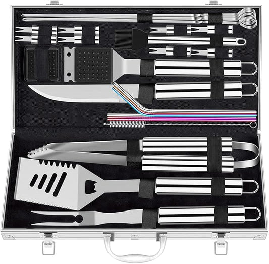ROMANTICIST 25pcs Extra Thick BBQ Grill Accessories, Fathers Day Grilling Gifts Set for Men Dad, Heavy Duty Grill Tools Utensils Kit with Spatula, Tongs in Aluminum Case for Birthday Silver