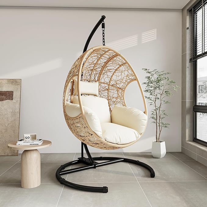 Hanging Egg Chair with Stand - Egg Swing Chair Outdoor Indoor Patio Wicker Chair Swing Hammock Egg Chairs 400lbs Capacity for Outside Patio, Bedroom, Garden and Balcony（Beige-Nest, 1PC）