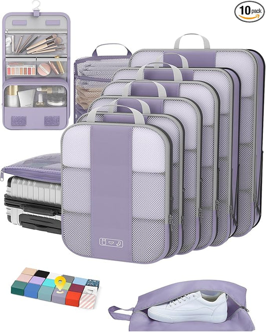 10 Set Compression Packing Cubes for Travel Essentials,Compressible Expandable Packing Cubes for Suitcase,OlarHike Luggage Organizer Bags for Travel,Handy Helper for Organizing Clothes(Purple Gray)