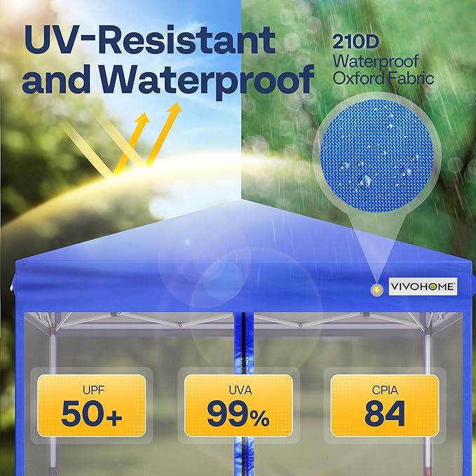 VIVOHOME 8x8ft Easy Pop-Up Canopy, Outdoor Screen Tent with Mosquito Netting, 2 Zipper Doors, and Roller Bag for Yard Camping Picnic Party Events, Blue