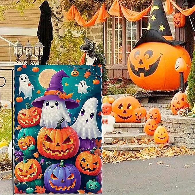 Halloween Garden Flag for Outside 12x18 Inch Double Sided, Pumpkin Ghost Small Yard Flags for Outside, Halloween Outdoor Flag Front Porch Decorations for Home