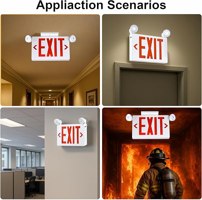 Gruenlich Exit Signs with Emergency Lights, 2 Adjustable LED Head with Battery Backup, 94V-0 Fire Resistant, AC 120/277V, Hardwired Commercial Emergency Light Combo for Business, 6 Pack