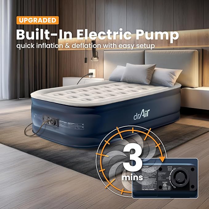 Twin Air Mattress, 18” Raised Inflatable Bed with Built-in Pump, Waterproof Velvety Top, Ergonomic Design, Reinforced Support, and Carry Bag for Home, Camping, and Guests