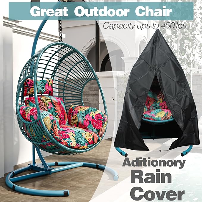 Oversized Hanging Egg Chair Outdoor Wicker Swing Chair with Stand Rain Cover UV Resistant Cushion 400lbs Capacity for Patio, Garden and Balcony