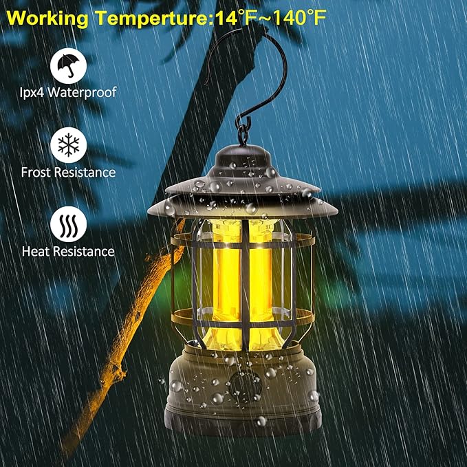 Rechargeable Portable LED Camping Lanterns, Vintage Style Tabletop Lantern, Stepless Dimming, Waterproof - Green, 2 Pack for Camping, Hanging Tent Light, and Power Outages