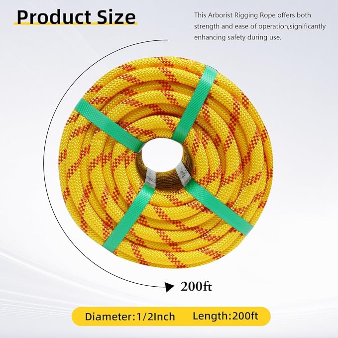 Arborist Rope, 1/2 Inch x 200 Feet Double Braided Climbing Rope Polyester for Outdoor, Climbing, Hiking, Swing, Tree Work, Halyard, Sailing etc(Yellow)
