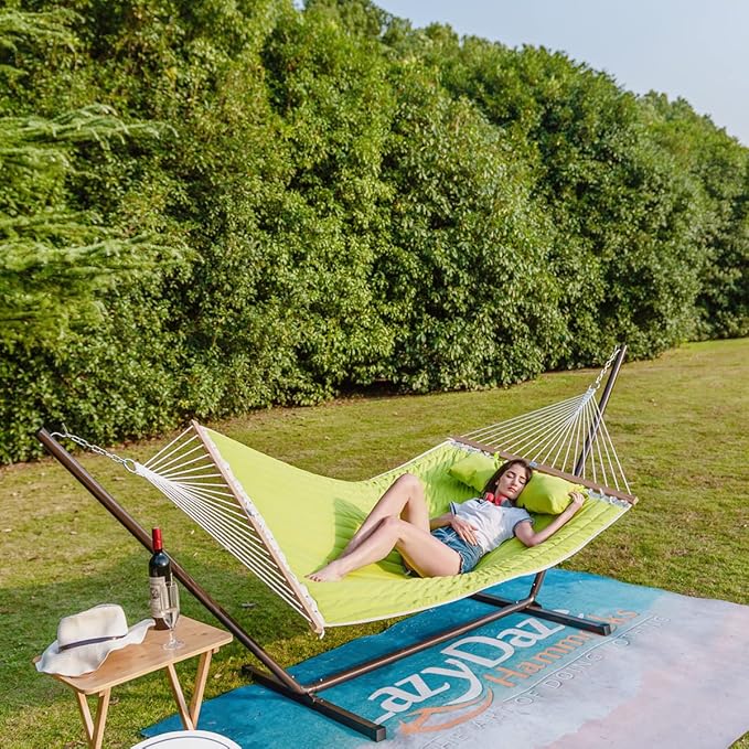 Lazy Daze Hammocks Quilted Fabric Double Hammock with Pillow, Spreader Bar Swing for Two Person (Light Green)