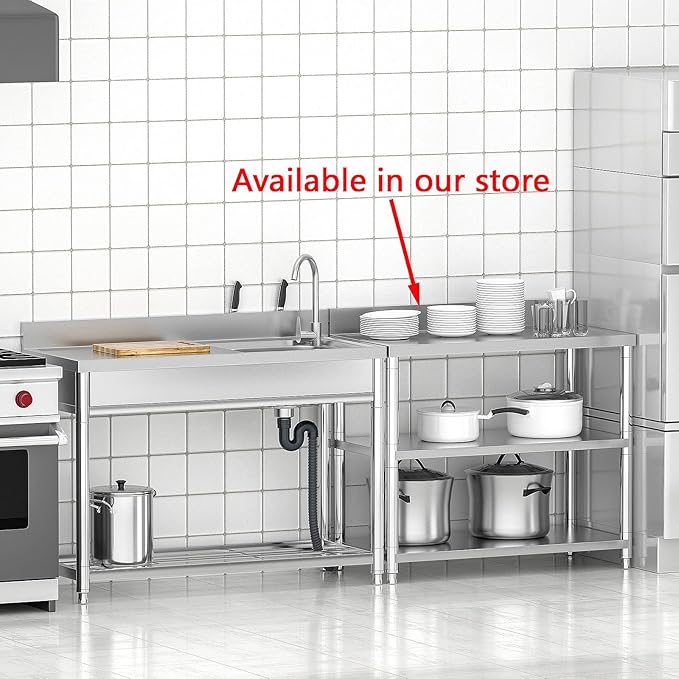 Free Standing Stainless-Steel Single Bowl, Commercial Restaurant Kitchen Sink Set w/Faucet & Drainboard, Prep & Utility Washing Hand Basin w/Workbench & Storage Shelves Indoor Outdoor (47in)