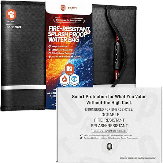 Fireproof Document Bag (Black) – Waterproof Zipper & Lock – for Home, Office & Travel – Holds Files, Cash, Passport, Valuables – Fire & Water Resistant