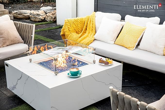 Elementi+ | Bundle Bianco Gas Fire Pit | Marble Porcelain & Metal Frame | 40" Square Fire Table | Electronic Ignition | Canvas Cover, Fire Glass & Burner Lid Included | White | Propane Gas