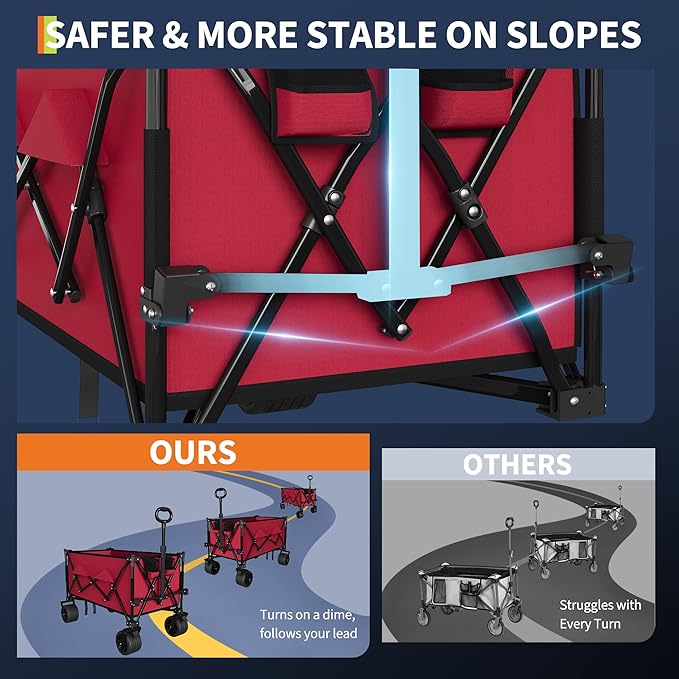 Heavy Duty Foldable Wagon for Beach, Extra Large Collapsible Foldable Wagon for Camping, All Terrain Beach Wagons Extended with Cup Holders for Sand