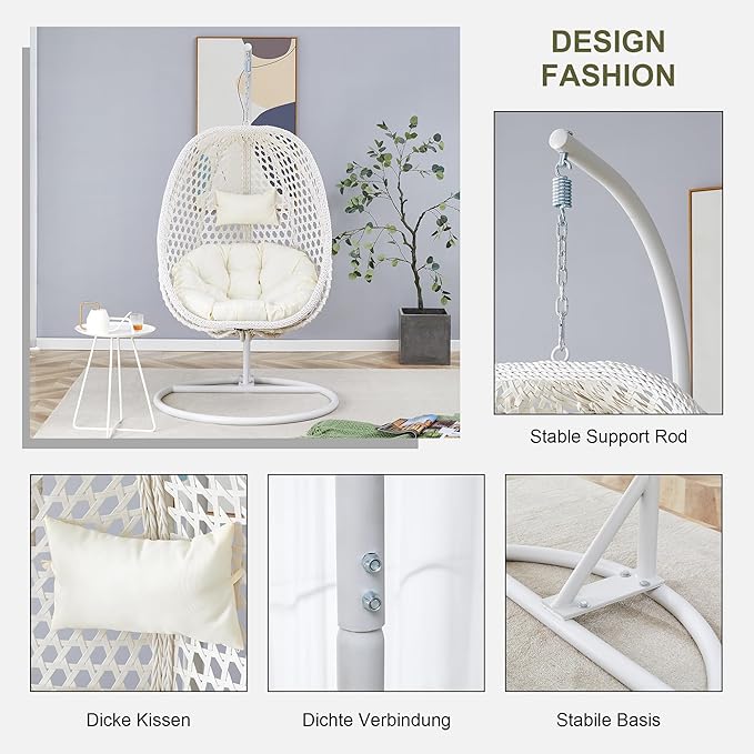 JUFU Egg Swing Chair with Stand，Patio Hanging Basket Chair Outdoor，Hammock Chair with Cushions and Pillow,Hanging Egg Chair with Aluminum Steel Frame for Indoor Bedroom Balcony