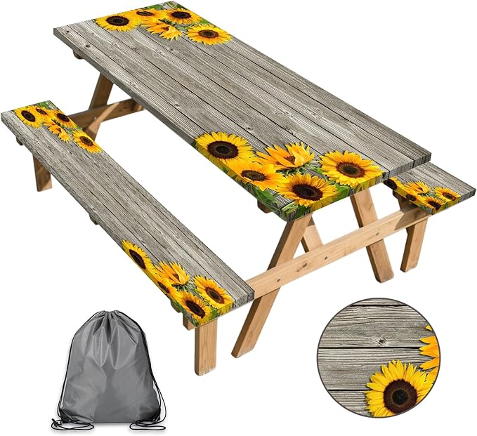 3 Pcs Sunflower Wooden Picnic Table Cover with Bench Covers,6Ft Rustic Sunflower Waterproof Fitted Picnic Table Cloths Retro Wood Texture Elastic Outdoor Picnic Tablecloth for Camping Patio Travel