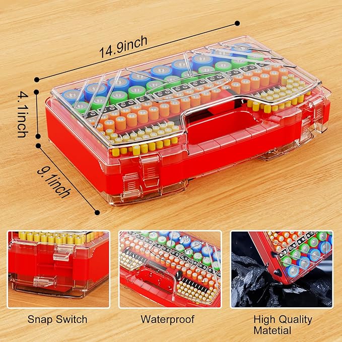 Battery Organizer Storage Holder Box Case with Tester, New Ultra-Large 285+Batteries Double-Sided Variety Pack, Holds AA AAA 4A C D Button Cell 9V 3V Lithium18650 CR2 CR123 CR1632 LR44 (Red)