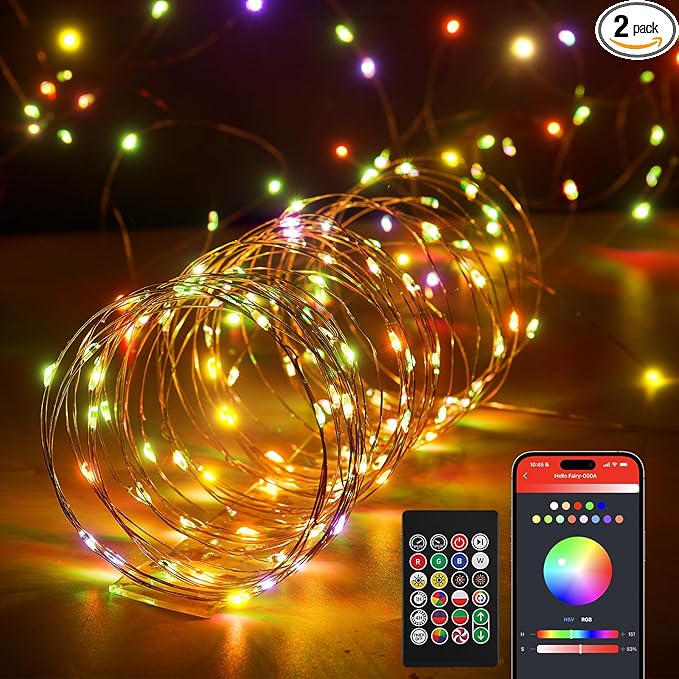 Fairy Lights 32.8 ft USB Powered RGB String Lights with Remote & APP Control, 8 Modes, Waterproof Copper Wire LED Twinkle Lights, Timer Function, Ideal for Christmas, Weddings, and Parties