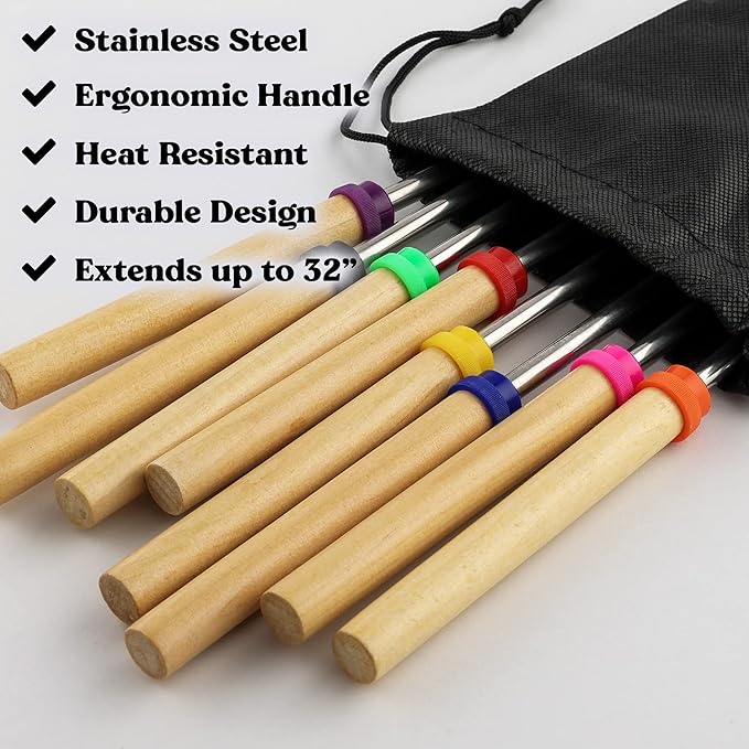 Zulay Kitchen 6 Pack Smores Sticks for Fire Pit - Long Marshmallow Roasting Sticks Smores Kit - Perfect Smore Skewers & Hot Dog Forks For Campfires, Camping Essentials S'mores Gear (Extendable Sticks)