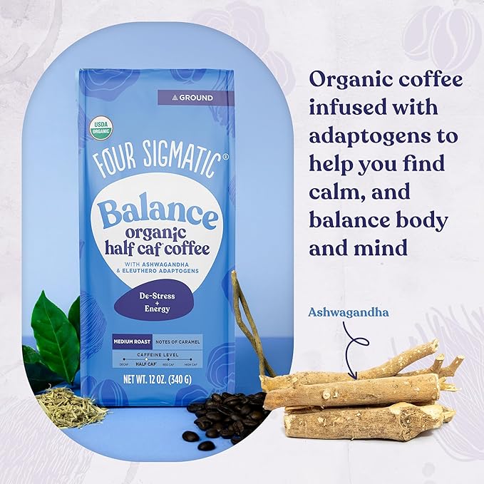 Four Sigmatic Organic Balance Adaptogen Ground Coffee | Medium Roast USDA Organic Coffee with Ashwagandha, Chaga Mushroom, Eleuthero and Tulsi for Focus and Energy Boosting | 12oz Bag
