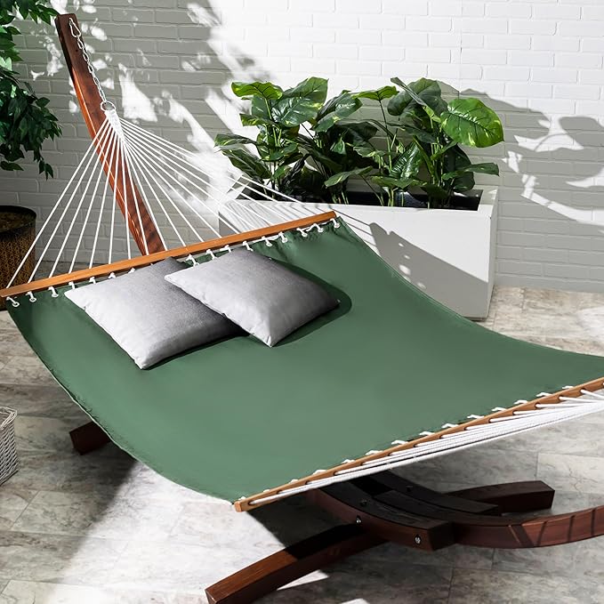 Fab Habitat Solid Recycled Polyester Hammock - Fargo - Green - Indoor/Outdoor, Quick Dry, 2 Person 460 lbs Capacity - Patio, Poolside, Backyard, Garden, Beach, Balcony - 12-14 ft Adjustable