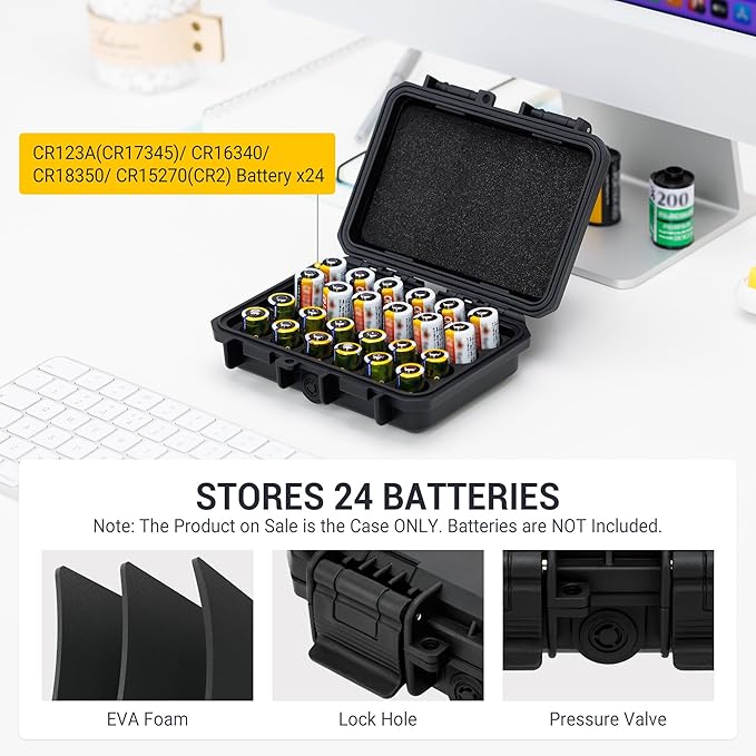 24 Slots CR2 CR123 CR123A Lithium Battery Organizer Case, IP67 Waterproof Hard Case for CR17345/CR16340/CR18350/CR15270(CR2) Explosionproof Batteries Storage Holder for Household Outdoor Camping