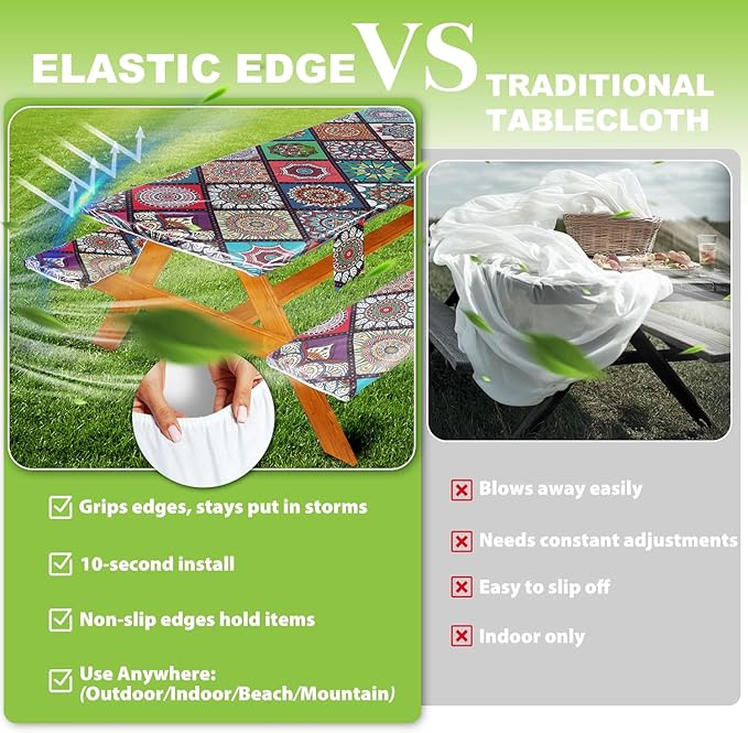 Fitted Picnic Table Cover with Bench Covers Waterproof Elastic Edges Rectangle Patio Tablecloth Outdoor Camping Essentials Stuff Rv Accessories Summer Trip Travel Camper Gifts for Woman Men, 96in 8 ft