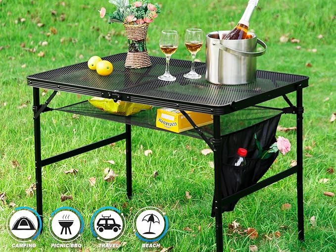 Folding Metal Camping Table with Mesh Layer, Portable & Lightweight Grill Table for Outdoor, 2 Adjustable Heights, Metal Mesh Tabletop for Camping Cooking, Medium Size (2.95 FT, Black)