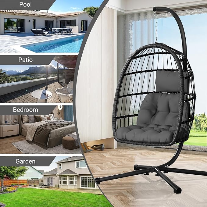 Egg Chair with Stand,Patio Rattan Wicker Hanging Swing Egg Chair Hammock Chair for Bedroom Porch Garden,Thickened Aluminum Alloy Steel Frame and UV Resistant Cushion,350LBS Capacity