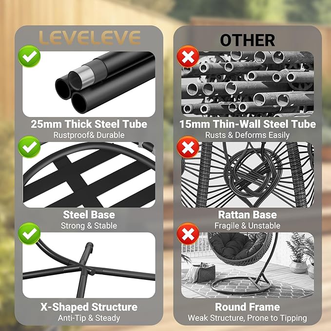 LEVELEVE Egg Chair with Stand,Patio Rattan Wicker Hanging Swing Egg Chair Hammock Chair for Bedroom Porch Garden,Thickened Aluminum Alloy Steel Frame and UV Resistant Cushion,350LBS Capacity