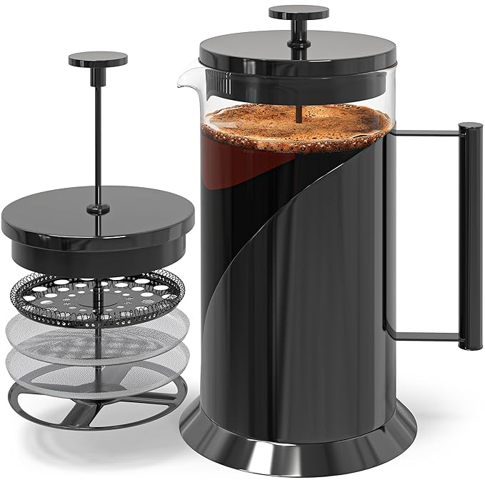 Cafe Du Chateau Stainless Steel French Press Coffee Maker - 34oz Insulated Coffee Press with 4-Level Filtration, BPA Free, Durable Glass, Great for Tea