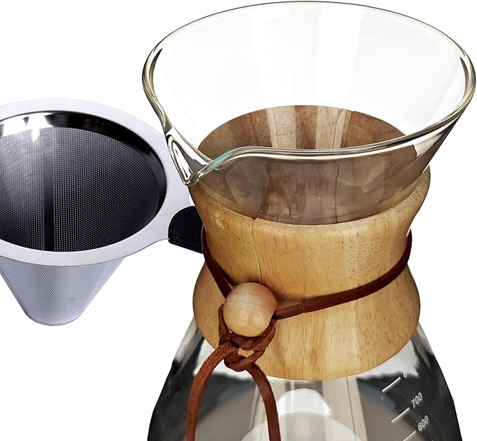 AGOGO Pour Over Coffee Maker Glass - 6/8/10 Cup Barista Kit with 304 Stainless Filter for Home, Office, Camping, Cafes - Easy Clean Coffee Dripper Set (Rag&Brush Included) (8 Cup/28 oz-Slim Shape)
