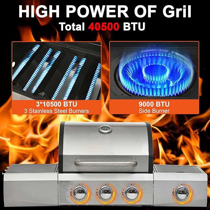 3-Burner BBQ Propane Gas Grill with Side Burner, 40,500 BTU Stainless Steel Patio Barbecue Grill with Storage Rack, Tool Hooks & Bottle Opener, for Camping, Outdoor Cooking (Style2)