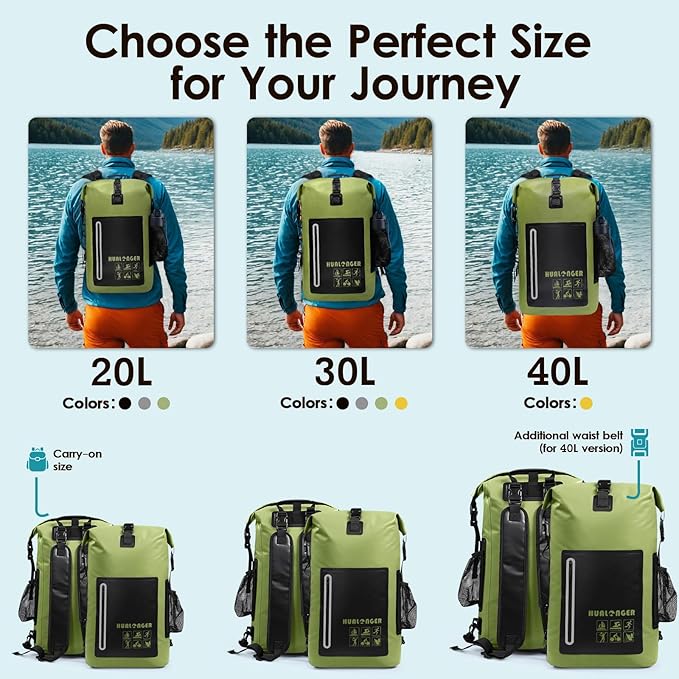 Dry Bag Backpack 20L/30L/40L- Roll Top Closure Bag - Heavy Duty Dry Bags Waterproof - Lightweight Durable Floating Dry Bag with IPX8 Waterproof Phone Case