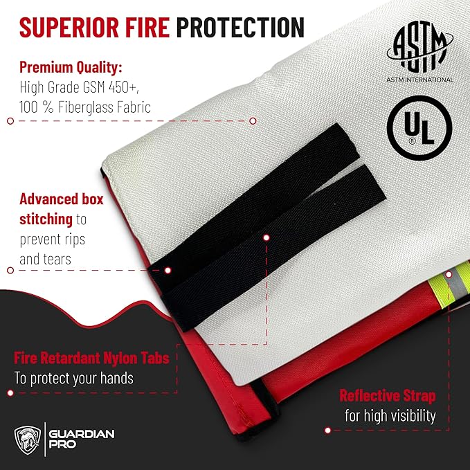 Guardian Pro New 2025 Emergency Fire Blanket for Home and Kitchen - 1 Pack Over 40"x40" Flame Suppression Fiberglass Fire Blankets for House Camping Car Office Warehouse Emergency Survival Safety