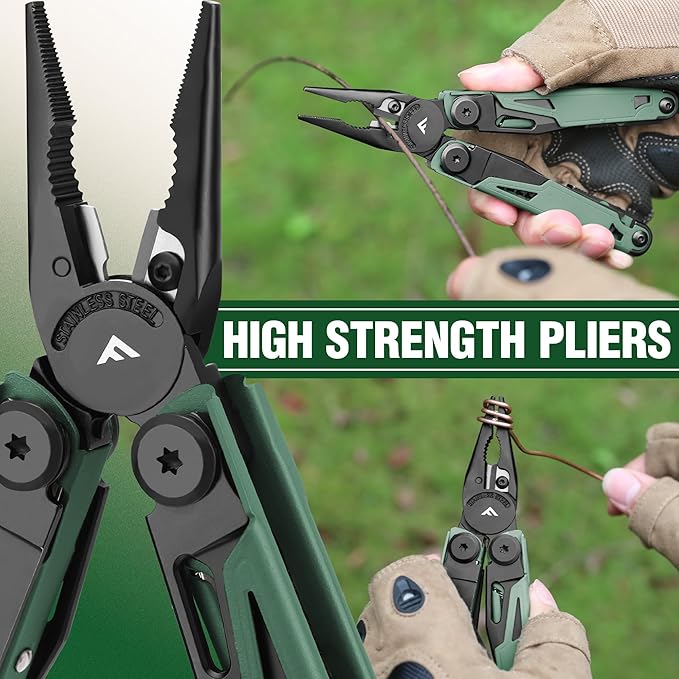 FLISSA Multitool, 15-in-1 Multi Tool Pocket Knife with Sheath, Stainless Steel EDC Multitool Pliers for Men, All-in-One Tools for Camping, Fishing, Survival