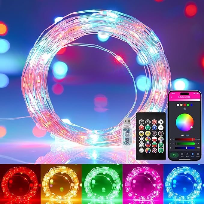 Minetom Fairy Lights Color Changing, 33ft 100 LED USB RGB String Lights with Remote & APP Controlled, Music Sync Fairy Lights for Bedroom, Christmas String Lights for Indoor Decoration