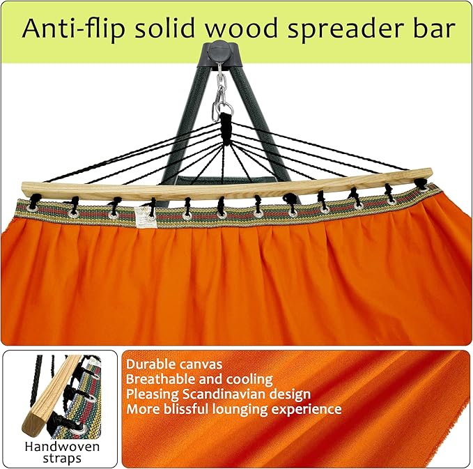 Tranquillo Sturdy Steel Hammock Stand with Premium Cotton Canvas, 600 lbs Capacity Folding Hammock Stand, Portable Hammock 30-Second Fold Unfold Hammock for Camping, Orange
