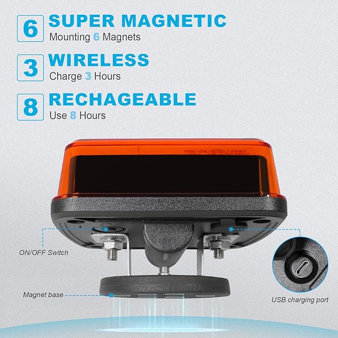 Agrieyes 2Pcs Rechargeable Flashing Lights for Vehicles, Super Magnetic Strobe Hazard Lights, Wireless Portable Amber Led Warning Beacon Emergency Light for Trucks Bus Tractor Oversize Trailer