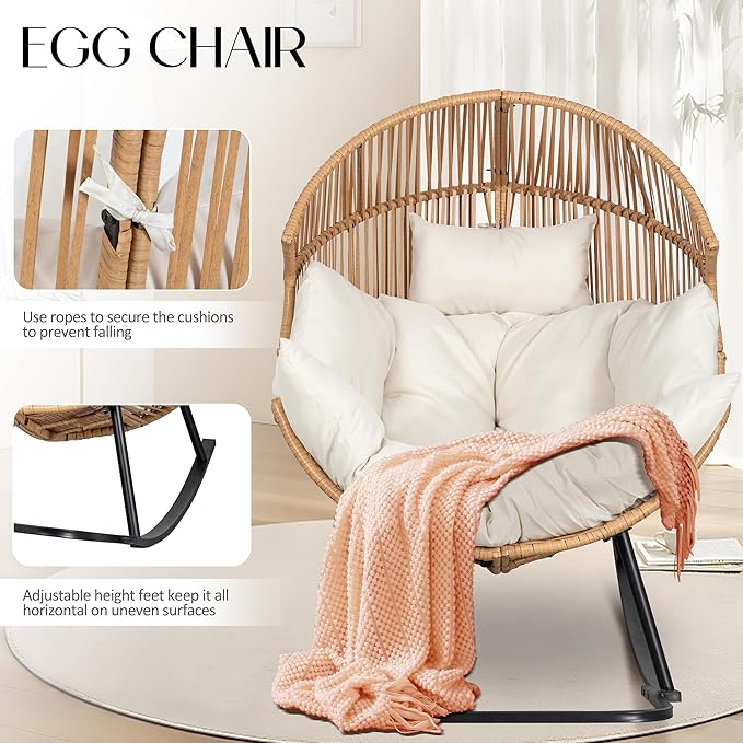 JAMFLY Egg Chair Outdoor Rocking Chairs, Wicker Patio Chair Oversized Lounger Chair with Cushion for Indoor Living Room Bedroom Outside Patio Backyard Balcony, Beige