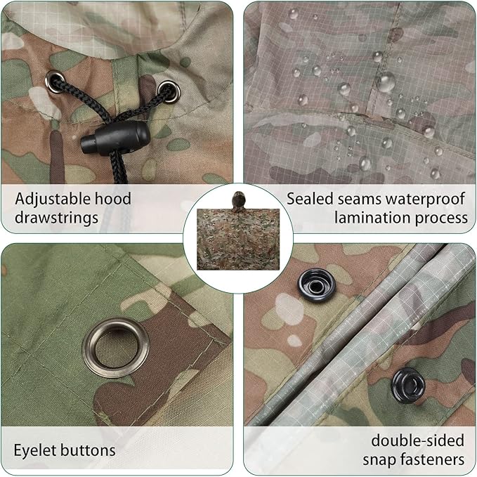 GRVCN Military Rain Poncho, Camouflage Raincoat Outdoor Waterproof Lightweight