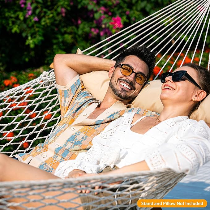 Lazy Daze Hammocks Double Rope Hammock, 2 Person Traditional Outdoor Hand Woven Cotton Rope Hammock with Spreader Bar, Chains, Tree Straps for Patio Yard - Max 450 Lbs, Natural