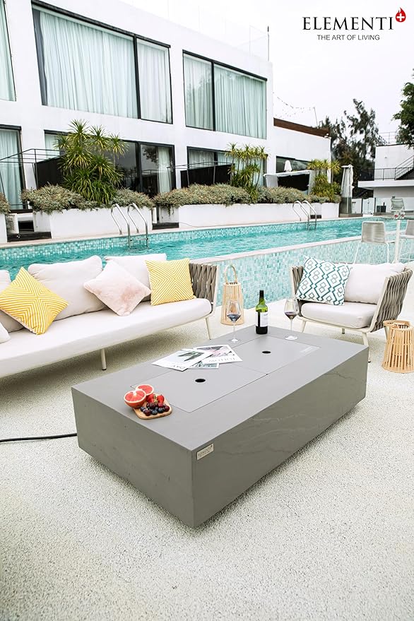 Elementi+ | Meteora Gas Fire Pit Cast Concrete 56" Rectangular Fire Table, Outdoor Fire Pit Electronic Ignition | Canvas Cover, Fire Glass and Burner Lid Included | Light Gray | Natural Gas